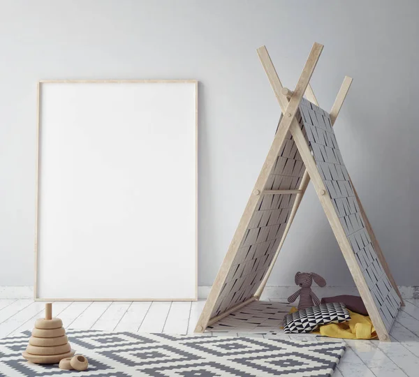 Marco del cartel de la maqueta en el dormitorio de los niños, fondo interior de estilo escandinavo, 3D render —  Fotos de Stock