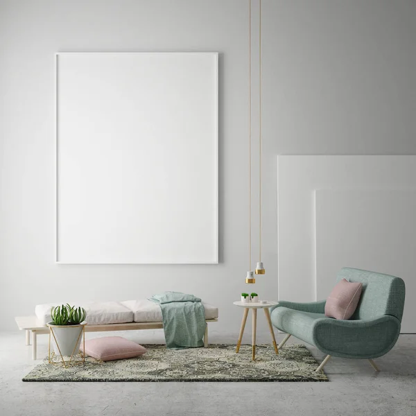 Mock up poster frame in hipster interior background, scandinavian style, 3D render — Stock Photo, Image