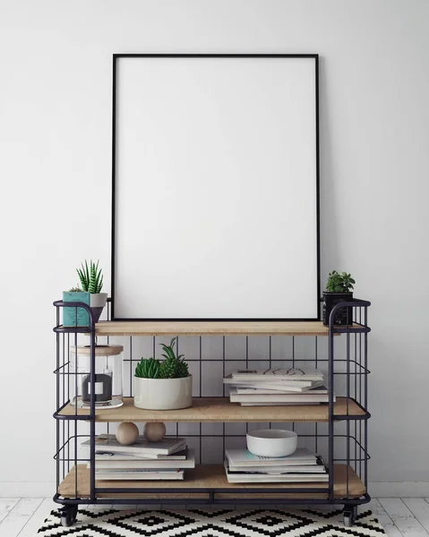 Mock up poster frame in hipster interior background, scandinavian style, 3D render — Stock Photo, Image