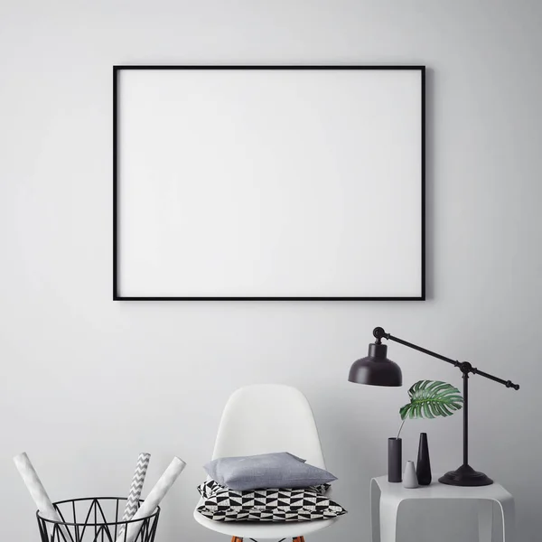 Mock up poster frame in hipster interior background, scandinavian style, 3D render — Stock Photo, Image