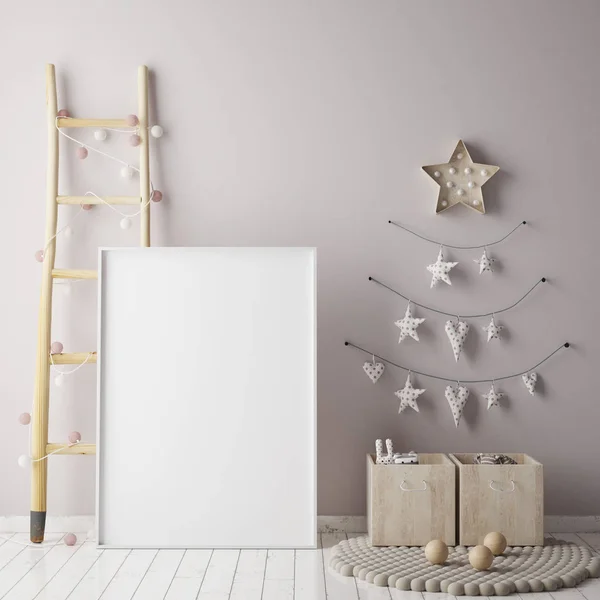 Χλευάσουμε επάνω το πλαίσιο poster στο δωμάτιο των παιδιών με χριστουγεννιάτικα διακόσμηση, σκανδιναβικό στυλ εσωτερικό υπόβαθρο, 3d καθιστούν — Φωτογραφία Αρχείου