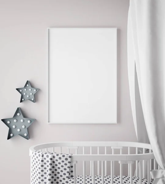 Modellare cornice poster in camera da letto dei bambini, stile scandinavo sfondo interno, rendering 3D — Foto Stock