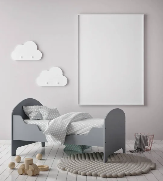 Marco del cartel de la maqueta en el dormitorio de los niños, fondo interior de estilo escandinavo, 3D render —  Fotos de Stock