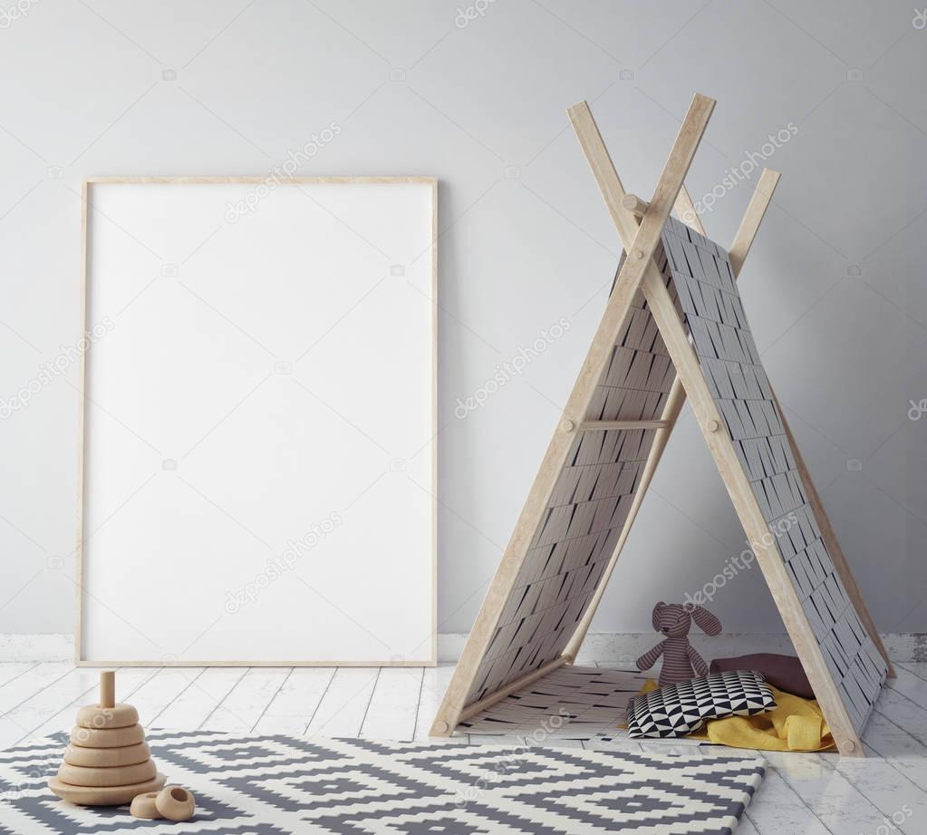 mock up poster frame in children bedroom, scandinavian style interior background, 3D render