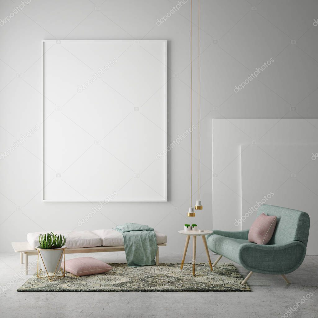 mock up poster frame in hipster interior background, scandinavian style, 3D render