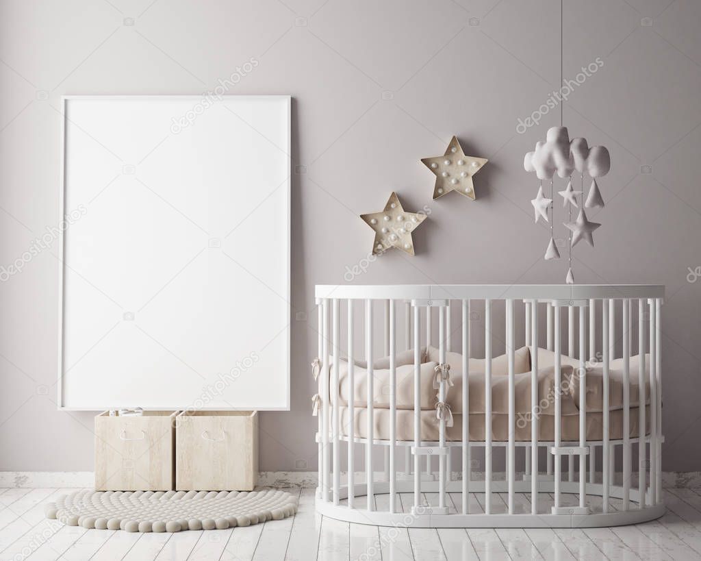 mock up poster frame in children bedroom, scandinavian style interior background, 3D render