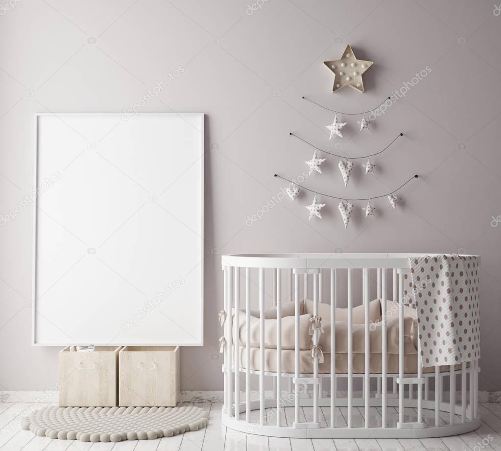 mock up poster frame in children room with christamas decoration, scandinavian style interior background, 3D render