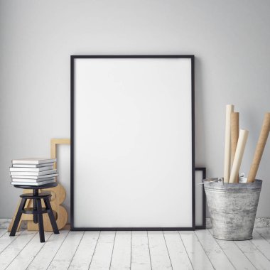 poster çerçevesi hipster iç arka plan, İskandinav tarzı, 3d render kadar alay