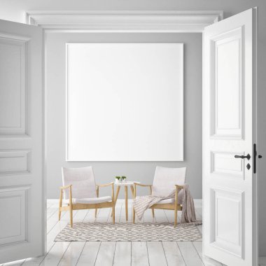 poster çerçevesi hipster iç arka plan, İskandinav tarzı, 3d render kadar alay