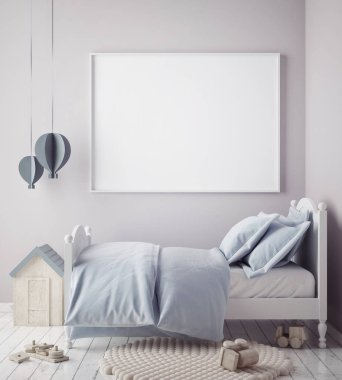 poster çerçevesi çocuk yatak odası, İskandinav tarzı iç arka plan, 3d render kadar alay