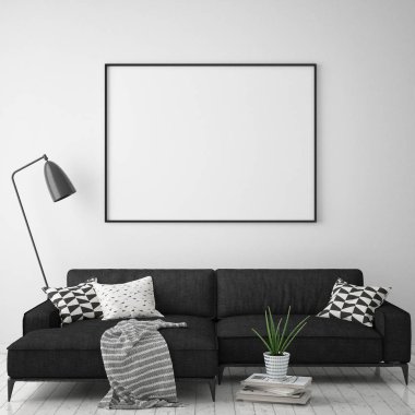 poster çerçevesi hipster iç arka plan, İskandinav tarzı, 3d render kadar alay