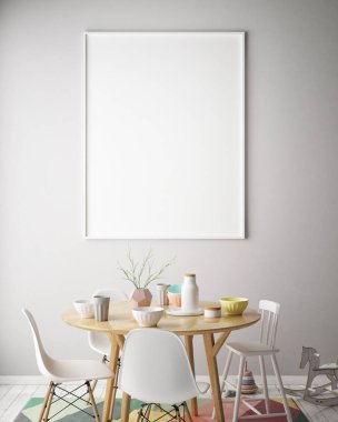 poster çerçevesi çocuklar sandalye, İskandinav tarzı, 3d render ile iç arka plan dalga