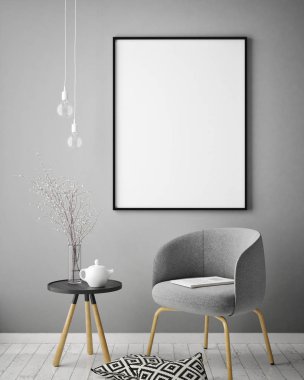 poster çerçevesi hipster iç arka plan, İskandinav tarzı, 3d render kadar alay