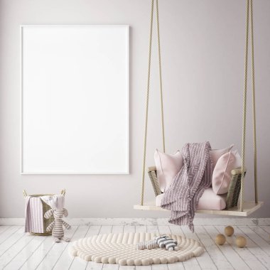mock up poster frame in children bedroom, scandinavian style interior background, 3D render clipart