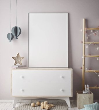 poster çerçevesi çocuk yatak odası, İskandinav tarzı iç arka plan, 3d render kadar alay