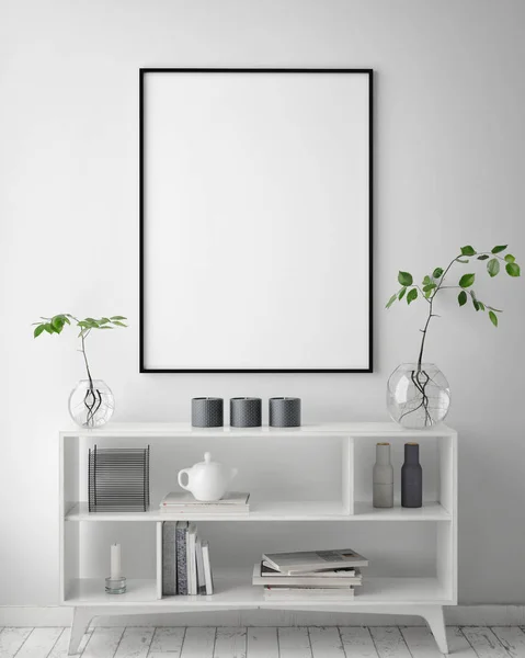 Mock up poster frame in hipster interior background, scandinavian style, 3D render — Stock Photo, Image