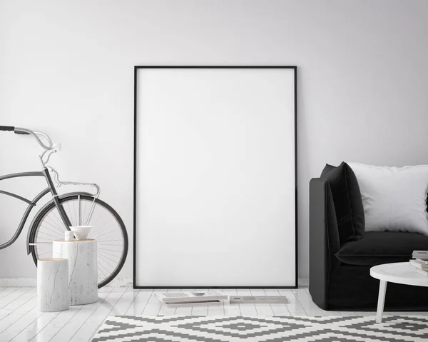 Mock up posterframe op de interieur achtergrond hipster met fiets, Scandinavische stijl, 3d render — Stockfoto