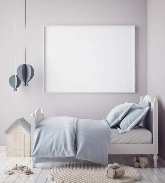 Макет вгору плакат в дитячій спальні, скандинавський стиль інтер'єру фону, 3D рендеринг — стокове фото