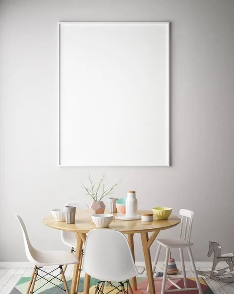 Håna upp affischram i interiör bakgrunden med barn stol, skandinavisk stil, 3d render — Stockfoto