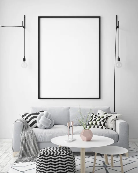 Mock up verlichte wissellijst in hipster interieur achtergrond, Scandinavische stijl, 3d render — Stockfoto