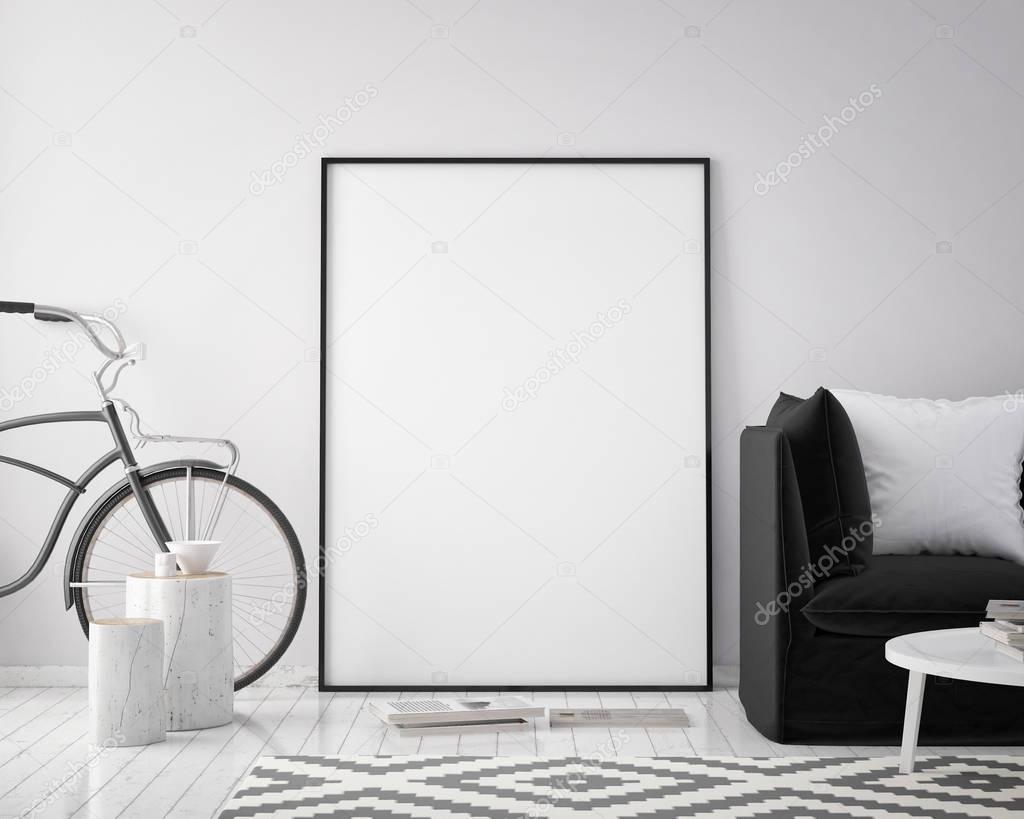 mock up poster frame in hipster interior background with bicycle, scandinavian style, 3D render