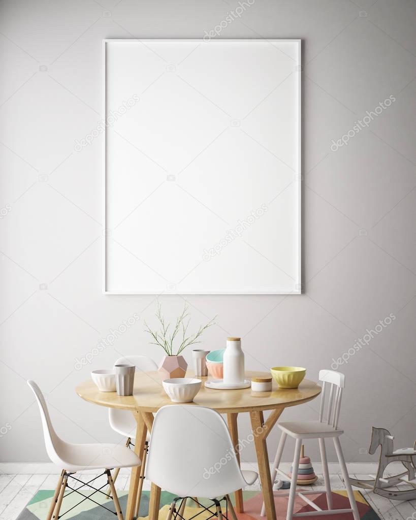 mock up poster frame in interior background with kids chair, scandinavian style, 3D render