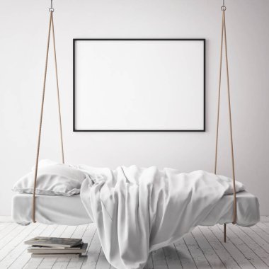 poster çerçevesi hipster bedromm iç arka plan, İskandinav tarzı, 3d render kadar alay