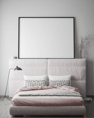 poster çerçevesi hipster bedromm iç arka plan, İskandinav tarzı, 3d render kadar alay