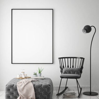 poster çerçevesi hipster iç arka plan, İskandinav tarzı, 3d render kadar alay