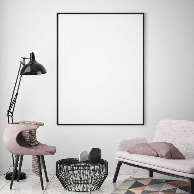 poster çerçevesi hipster iç arka plan, İskandinav tarzı, 3d render kadar alay