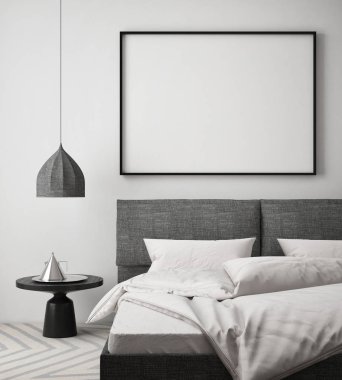 poster çerçevesi hipster bedromm iç arka plan, İskandinav tarzı, 3d render kadar alay