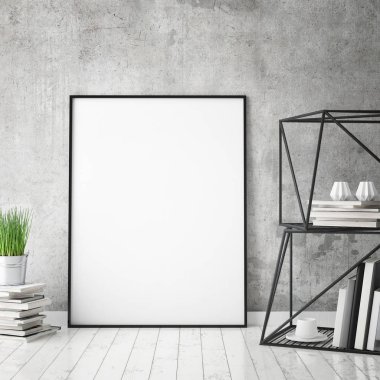 poster çerçevesi hipster iç arka plan, İskandinav tarzı, 3d render kadar alay