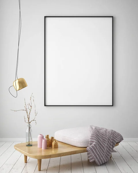 Mock up poster frame in hipster interior background, scandinavian style, 3D render — Stock Photo, Image