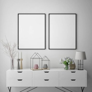 poster çerçevesi hipster iç arka plan, İskandinav tarzı, 3d render kadar alay