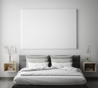 poster çerçevesi hipster yatak odası iç arka plan, İskandinav tarzı, 3d render kadar alay