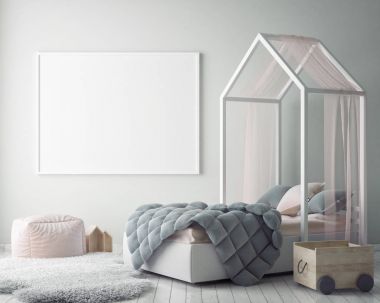 poster çerçevesi çocuk yatak odası, İskandinav tarzı iç arka plan, 3d render kadar alay