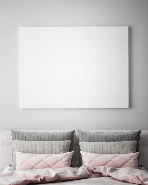 Mock up poster frame in hipster bedroom interior background, scandinavian style, 3D render — Stock Photo, Image