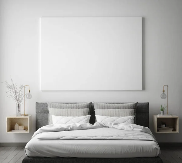 Marco del cartel de la maqueta en el fondo interior del dormitorio hipster, estilo escandinavo, renderizado 3D — Foto de Stock