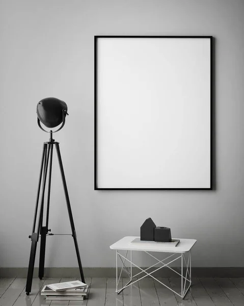 Vysmívat se rámeček a v interiéru pozadí bokovky, skandinávský styl, 3d vykreslení — Stock fotografie