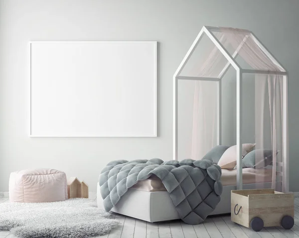 Pura-pura bingkai poster di kamar tidur anak-anak, gaya skandinavia interior latar belakang, 3D render — Stok Foto