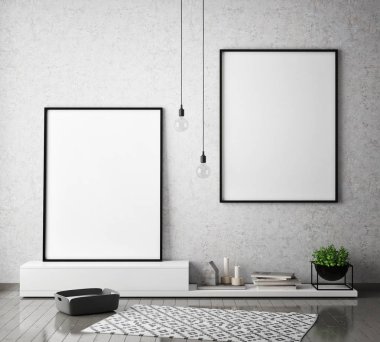 poster çerçevesi hipster iç arka plan, İskandinav tarzı, 3d render, 3d çizim kadar alay