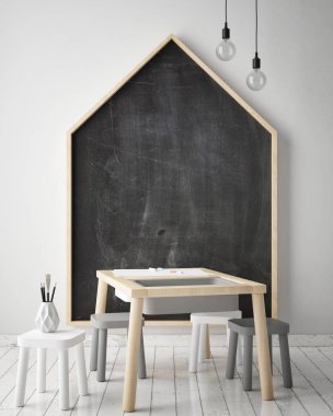 poster çerçevesi çocuk yatak odası, İskandinav tarzı iç arka plan, 3d render kadar alay