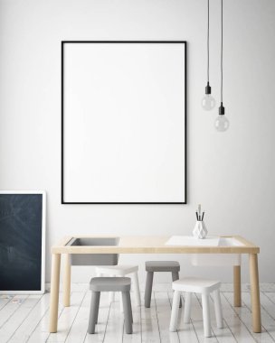 poster çerçevesi çocuk yatak odası, İskandinav tarzı iç arka plan, 3d render kadar alay