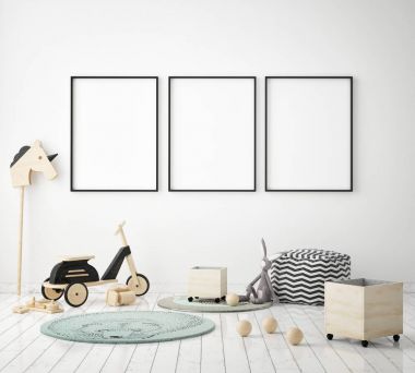 poster çerçevesi çocuk yatak odası, İskandinav tarzı iç arka plan, 3d render kadar alay