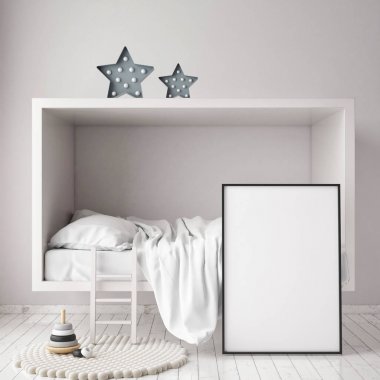 poster çerçevesi çocuk yatak odası, İskandinav tarzı iç arka plan, 3d render kadar alay