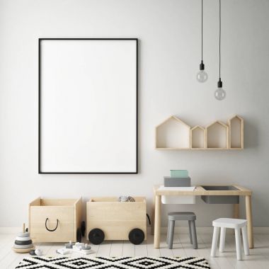 poster çerçevesi çocuk yatak odası, İskandinav tarzı iç arka plan, 3d render kadar alay