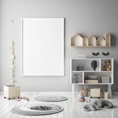 poster çerçevesi çocuk yatak odası, İskandinav tarzı iç arka plan, 3d render kadar alay