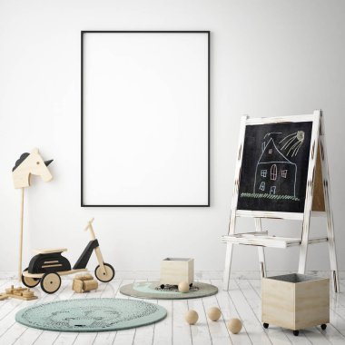 poster çerçevesi çocuk yatak odası, İskandinav tarzı iç arka plan, 3d render kadar alay