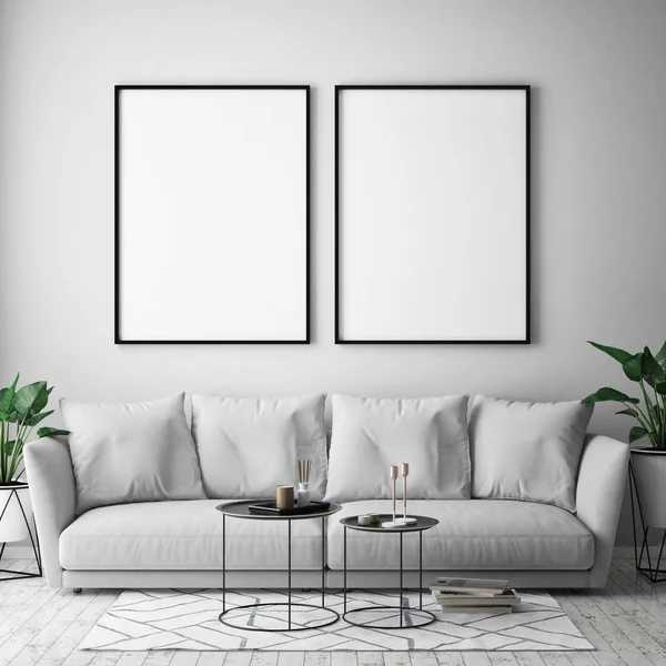 Mock up verlichte wissellijst in Scandinavische stijl, 3d render, hipster interieur achtergrond, 3d illustratie — Stockfoto