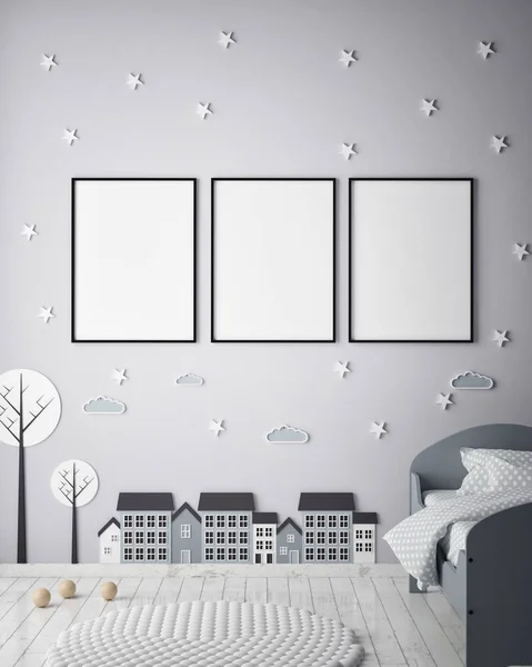poster çerçevesi çocuk yatak odası, İskandinav tarzı iç arka plan, 3d render kadar alay
